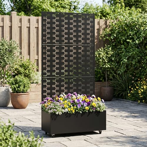 Metal Raised Garden Bed with Trellis and Wheels, 71"x35"x16" (Black-Brick) - color: Black-brick, size: 71"x35"x16"