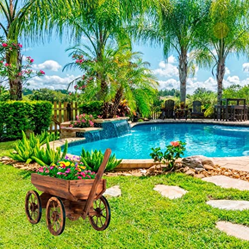 Wood Wagon Planter for Outdoor Balcony Decor - Garden Rustic Wooden Flower Cart with Wheels for Outside - Decorative Indoor - Wheelbarrow Planter for Patio -Reinforced Wheel - color: Steel Strengthened Wood Wheels