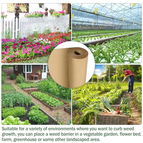 60 x 3 Ft Biodegradable Paper Weed Barrier, Garden Paper Weed Barrier with U-Shaped Ground Nails, Biodegradable Landscape Fabric, Weedguard Plus Paper Mulch for Weed Control & Holds Soil Moisture - size: 60*3ft