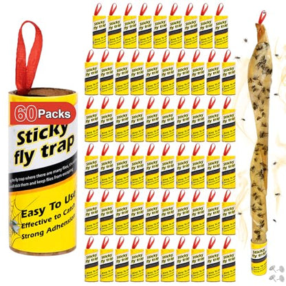 60 Pack Fly Strips Indoor Hanging Fly Trap Outdoor Sticky with Pins - size: 60 pack