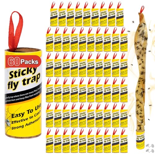 60 Pack Fly Strips Indoor Hanging Fly Trap Outdoor Sticky with Pins - size: 60 pack