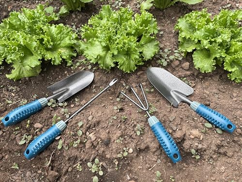 4 Piece Garden Tool Set Heavy Duty, Gardening Hand Tools Work No-Slip Grip Trowel Transplanter Weeder Hand Rake, Ergonomic Handle Indoor Outdoor