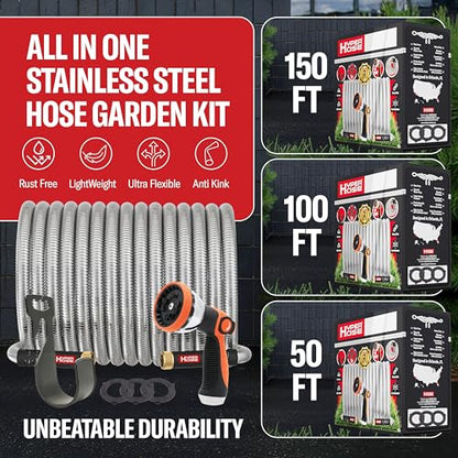 Best 150 ft Metal Garden Hose Set - No-Kink Durable 316 Stainless Steel, 10-Way Zync Spray Nozzle & Hook – Tough Flexible Heavy Duty Water Hoses, 5/8 in, Rust, Weather, LeakProof - size: 150 FT SET