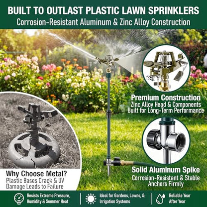Impact Pulsating Sprinkler with 16-30" Adjustable Aluminum Sprinkler Riser, Heavy Duty Water Sprinklers Head with Aluminum Alloy Spike Base, Pulsating Sprinklers for Large Area Lawn Patio Garden