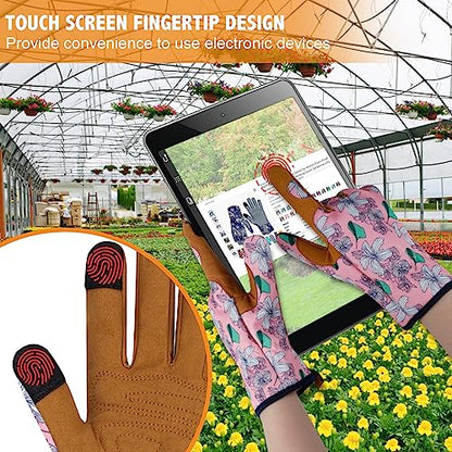 Leather Gardening Gloves for Women Thorn Proof Garden Gloves Touch Screen Working Gloves Gifts,M - color: P Flower
