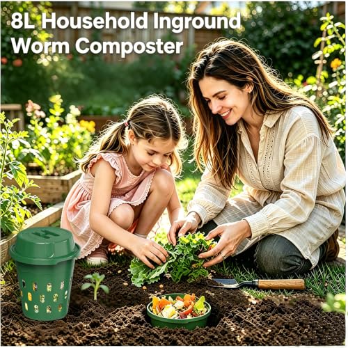 4-Pack Inground Worm Composter, 8L Underground Worm Farm with Aeration & Animal-Proof Lid, Food Waste Recycler for Garden Beds, Easy for Beginners, Green