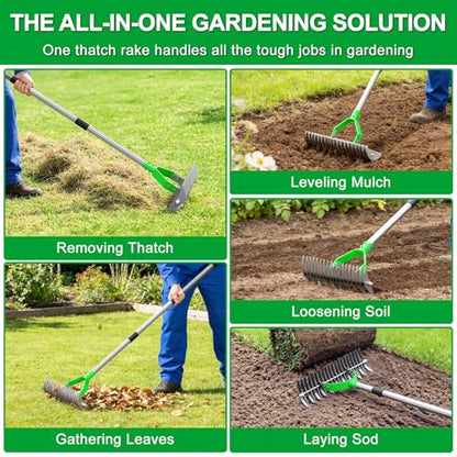 21-Tine Thatch Rake for Lawn,15" Heavy Duty Dethatcher Rake with 68" Handle - color: Green