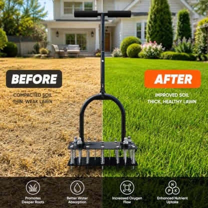 Lawn Aerator - 15 Iron Spikes Adjustable Height, Double-Layer Spring, Automatic Dirt and Leaf Clean Design, for Loosening Soil Aerating Patio, Yard, Garden (Black)