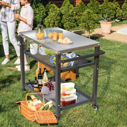 Domi 3-Shelf Outdoor Grill Table, Grill Cart with Wheels, Outdoor Pizza Oven and Food Prep Table, Blackstone with Stainless Steel Tabletop, BBQ Stand for Blackstone Griddle for Outside BBQ - style: Stainless Steel Tabletop+Mesh Shelf