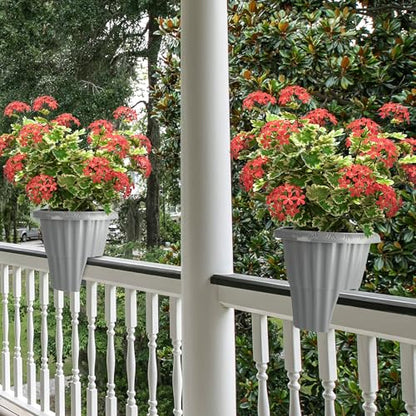 Railing Planter Box 2-Pack - 13.5-Inch Round Outdoor Flower Pots with Drainage Inserts - 2.64-Gallon Outdoor Planters for Porch, Deck, Fence, or Balcony Railings 3” - 3.75” Wide by Pure Garden (Gray)