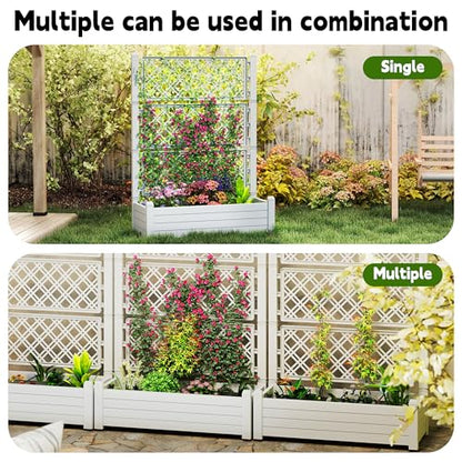 EasyUp Raised Garden Bed with Trellis for Climbing Plants, Outdoor Herb Planter Box with Drainage Plug & Water Gauge, Durable Resin for Patio, Balcony, Yard, Dust-Proof Garden Planter