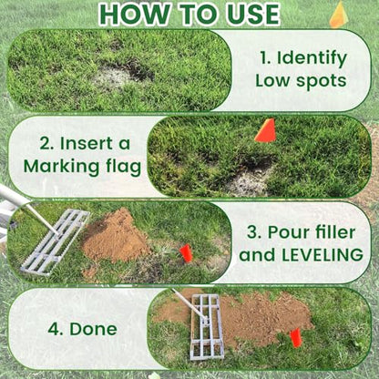 2-in-1 Lawn Leveling Rake, 20 Marking Flags for Low Spot,30"×10" Heavy Duty