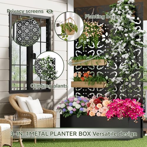 COFaR 71"Tall Metal Planter Box with Trellis,Outdoor Privacy Planter Screen - color: Floral_black