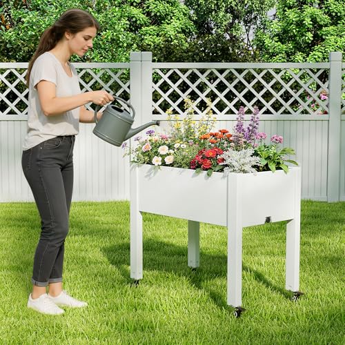 Elevated 26.3" Tall Raised Garden Bed with Wheels - Outdoor Mobile Resin Planter Box with Drainage Holes for Vegetables Flower Herbs, Weather Resistant, Medium Ashen (26.3" h) - color: Medium Ashen, size: 26.3"h
