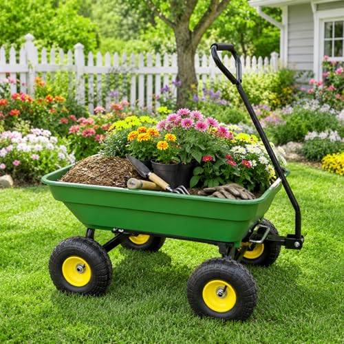 Heavy-Duty Garden Cart Wagon Steel Frame 350 lb Capacity,Quick-Release Dump - color: Green, size: Small
