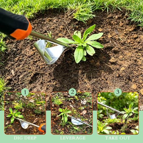3 Pack Manual Garden Weeder Tool, Stainless Steel Weed Puller, Anti-Slip Rubber Handle Weed Remover for Lawn, Yard, Flower Beds & Outdoor Gardening