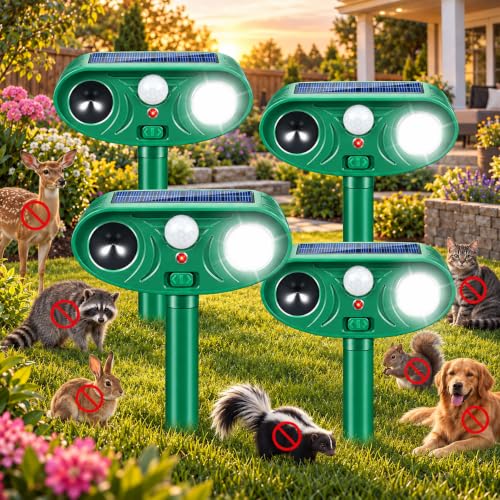 Sonic Fortress Pro Deer Repellent Devices, IP65 Racoon Repellent Outdoor Squirrel Fortress Pro Animal Repeller Cat Deterrent with Motion Sensor& Light to Scare Bear Rabbit Skunk for Garden Yard(4)