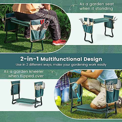 Goplus Garden Kneeler and Seat, Foldable Garden Bench for Kneeling & Sitting, Widened 8" EVA Soft Foam Pad, Heavy-Duty Garden Stool w/ 2 Large Tool Pouches, Gardening Gift for Women Men Seniors - color: Green, style: With 2 Bags