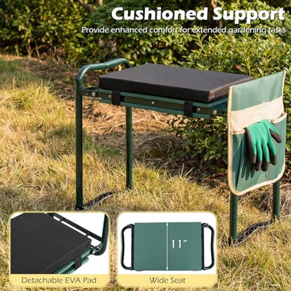 Goplus Foldable Garden Kneeler and Seat, 11" Wide 2-in-1 Gardening Bench, Detachable Thick EVA Foam Pad, 350 lbs Heavy-Duty Metal Frame, Tool Pouch, Portable Stool, Gardening Kit for Seniors (Green) - color: Green, style: With Kneeling Pad