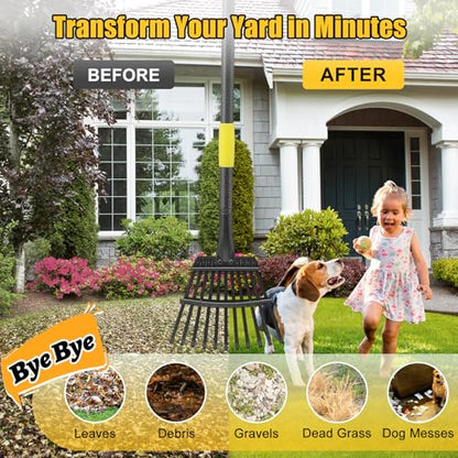 Leaf Rake: 8.5" Wide Heavy Duty Small Metal Garden Rake for Lawn Yard Garden Bed Leaves Debris Shrub Pine Needles Cleanup, 11 Metal Tines, Lightweight Kids Leaf Rakes, 72” Long Handle - style: 11 tines-6ft