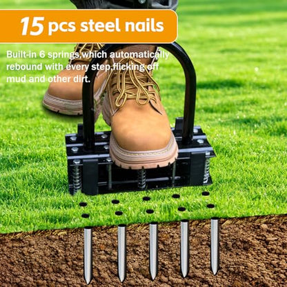 Aerator Lawn Tool - 2-in-1 Reinforced Heavy Duty Manual Lawn Aerator with 15 Spikes, Automatic Dirt and Leaf Clean Design, Adjustable T-Handle (Gloss Black) - color: Gloss Black