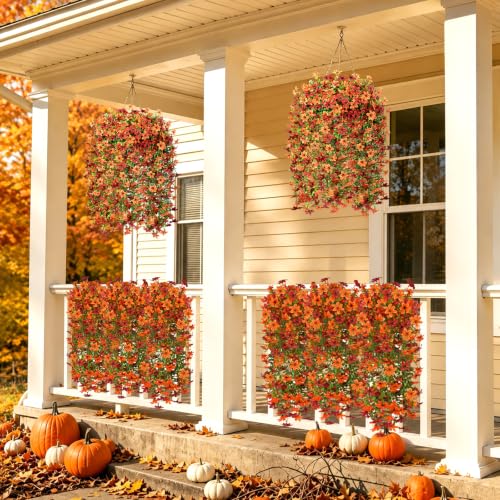 6 Pcs Artificial Hanging Mums for Outdoors, UV Resistant Fake Fall Flowers - color: Red Orange With Green Leaves