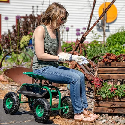 Sunnydaze Rolling Garden Cart with Swivel Seat and Storage, Green - color: Green