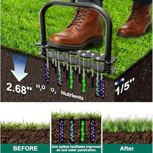 Lawn Aerator Tool, Black Manual with 14 Iron Spikes - color: Black