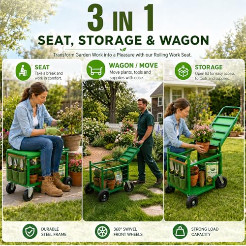 Swivel Wheel Garden Work Seat Upgraded Heavy-Duty Gardening Cart with Portable Gardening Tool Kit Swivel-Wheel Garden Stool Designed for Seniors Ideal for Lawn, Patio, and Outdoor Gardening Scooter