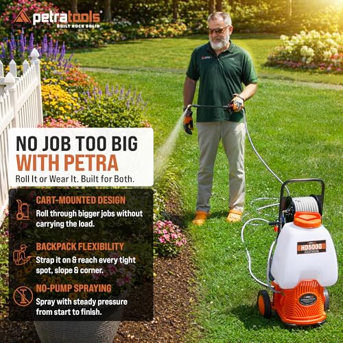 PetraTools Battery Powered Sprayer w/Cart & Retractable 100 ft Hose Reel - style: HD5000 with Hose Reel