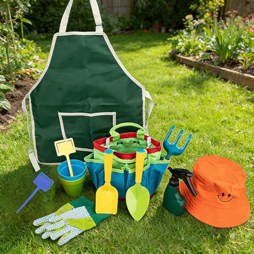 Toddler Metal Wheelbarrow Set for Kid with 12 PCS Gardening Tool(Green Set) - color: Green Set