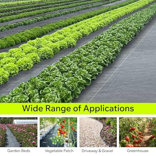 Weed Barrier Fabric Heavy Duty 8ft x 100ft, 3.2 oz Woven Landscape Fabric for Gardens, Raised Beds & Landscaping, UV-Stabilized Permeable Ground Cover with Yellow Planting Guides, Black, DOTDAY Shield - size: 8 x 100ft