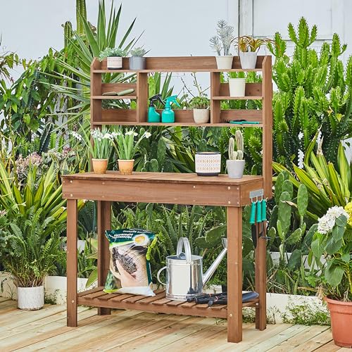 Yaheetech Outdoor Potting Bench, Sink, Display Rack & Storage Shelf,Brown