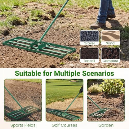 Goplus Lawn Leveling Rake, 30" x 10" Heavy Duty Level Lawn Tool w/ Ergonomic Handle for Soil, Effort-Saving Landscape Rake for Garden, Backyard, Golf Course, Farm, Pasture (Green) - color: Green