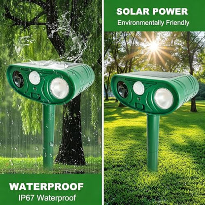 Solar Ultrasonic Animal Repellent, Cat Repellent Outdoor with Motion Sensor,Sound and LED Flashing,Waterproof Deer Repeller,Squirrel Repellent for Dog Bird,Deer Raccoon Repellent for Pasture B
