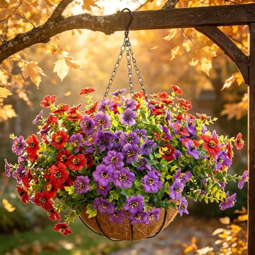 Artificial Hanging Flowers, UV Resistant, 12 Bundles, Red Purple - color: Purple+red