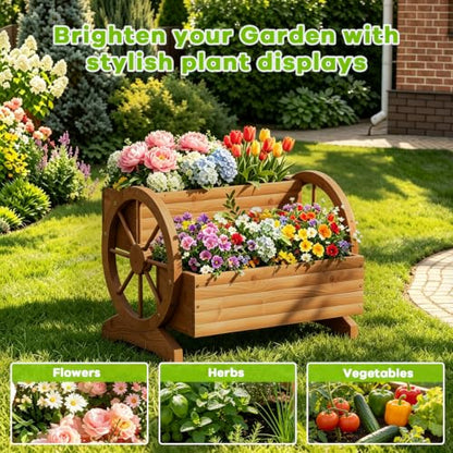 Wood Wagon Planter for outdoor Plants Cute Garden Flower Pots Cart Porch, L - color: Brown-large