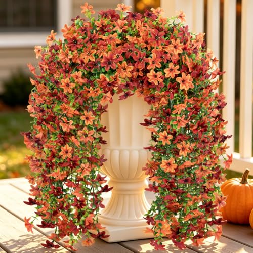 Artificial Fake Hanging Mums for Outdoors Fall Faux Flowers Decor - color: Orange-red-c