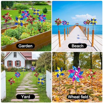 10 Pack Garden Pinwheels with Plastic Stakes | 20 inch Sparkle Pin Wheel Set to Scare Off Birds and Animals Away | Great Pinwheels for Yard and Garden