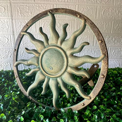 Zeckos Garden Hose Holder Sun 11.5 Inch Cast Iron Verdigris Bronze - color: Sun - Green