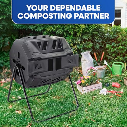 PLASTIC PRINCE Compost Tumbler Rotating Garden Compost Bin Outdoor Dual Chamber 43 Gallon Backyard Composter Tumbling Barrel Mixer Outside, Large, Black - color: Black