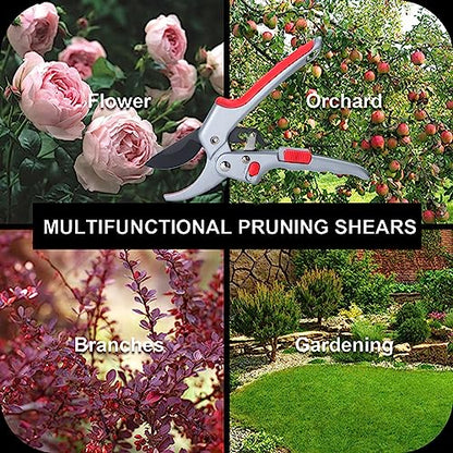 Garden clippers, premium Germany pruners, Work 3 times easier, professional ratchet pruning shears, cutting rose, flower, hedge, stem, tree, Sharp gardening scissors, Arthritis weak hand snips - color: Red/Silver