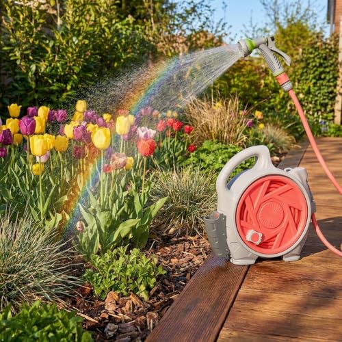mini portable garden pipe cart, adjustable spray gun with 6 different gears, suitable for various faucets, portable water pipe truck can be used for car washing, watering plants (Pink)