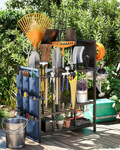 Garden Tool Organizer with Pegboard, Yard Tool Holder Standing for Garage Organization, Up to 30 Long-Handled/10 D-Handled Tools/Rake/Broom/Shovel/, with Side Storage Pocket