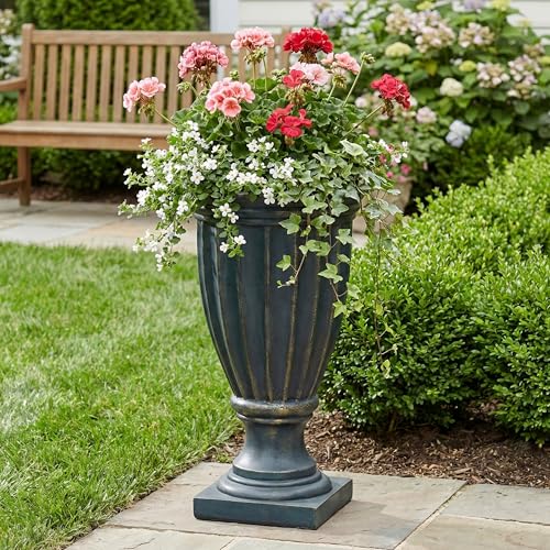 Christopher Knight Home 26.77 Inch Tall Fluted Pedestal Urn Planter MGO Outdoor Flower Pot Faux Stone Garden Planter for Patio Porch Entryway Decor, Antique Green - color: Antique Green, Tall Fluted