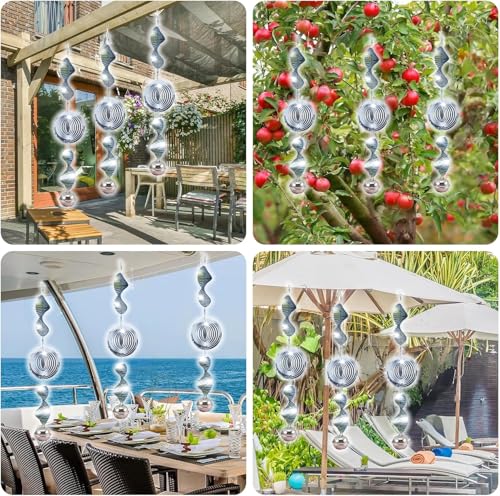 9 PCS Stainless Steel Bird Deterrent – 3D Wind Spinner with Bells, Visual & Sound Bird Scarer, Reflective Wind Chimes to Keep Woodpeckres, Pigeons, Crows Away, Garden Decor for Yard Patio Farm