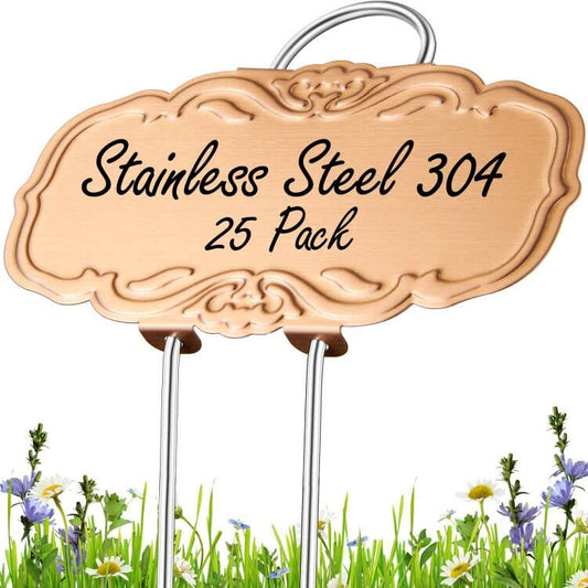 Updated Metal Plant Labels for Garden, 25 Pack Stainless Steel DIY Plant Markers Waterproof for Flowers Pots, Vegetables, Seedlings, Seed (Gold Rose) - color: Gold
