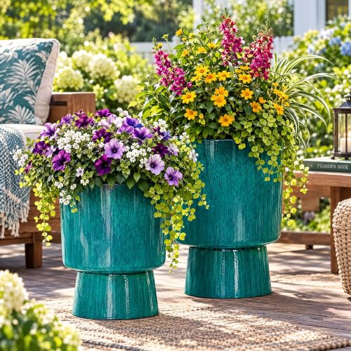 Autodaya 16.8" Faux Ceramic Planters for Outdoor Indoor Plants, Flower pots - color: 16.8"-teal Glazed & Black Rim