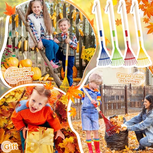 8 Pcs Kids Rake Small 27inch Wood Handle Leaf Rake with Colorful Metal Tine