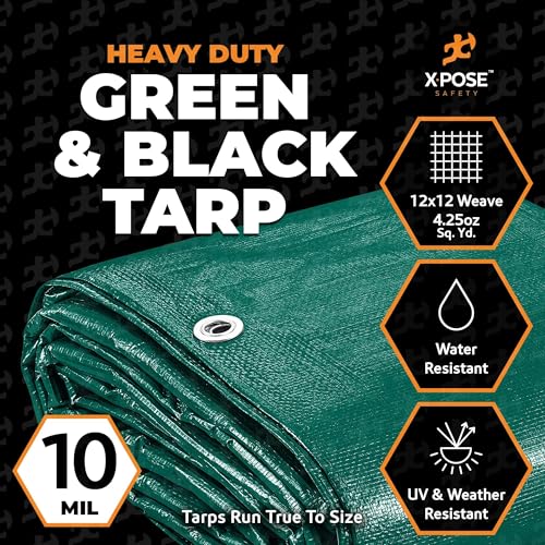 Heavy Duty Poly Tarp - 8' x 10' Bulk (12-Pack) - 10 Mil Thick Waterproof, UV Blocking Protective Cover - Reversible Green and Black - Laminated Coating - Grommets - by Xpose Safety - color: Green/Black, size: 8 Feet X 10 Feet (12pk)
